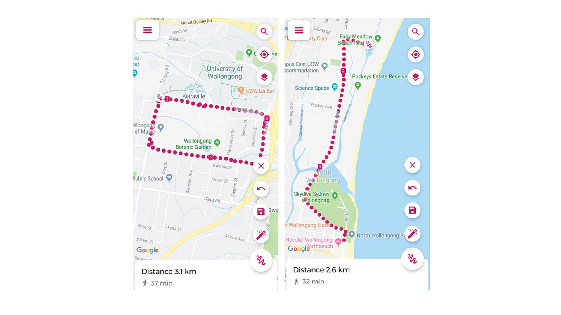 Google maps example of Wollongong running tracks